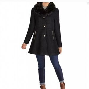 Guess Black Pea Coat with Faux Fur Collar - NWOT